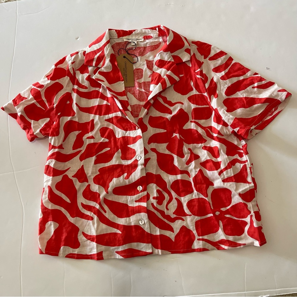 Christian Siriano Orange Tropical Floral Print Collared Blouse